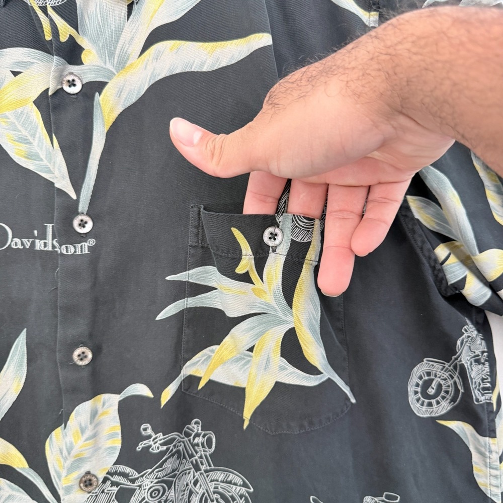 Harley Davidson Hawaiian Shirt Mens XL Black Floral Silk Pocket Button Up - Picture 6 of 7